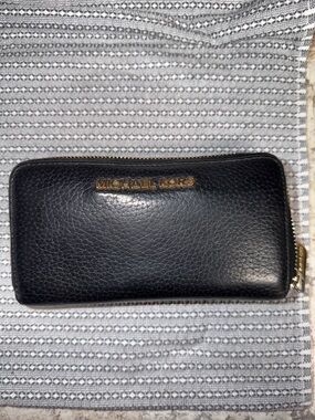 Michael Kors Black Pebbled Leather Zip Wallet with Gold Logo